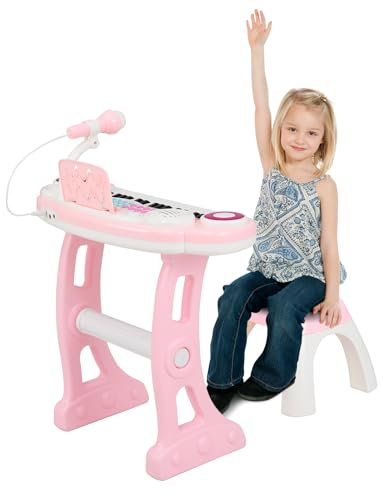 Maxmass 37 Keys Kids Piano Keyboard, Toddler Electric Piano with Stool, Microphone, Flashing Lights, Music Score, Record and Playback, Musical Instrument Electronic Keyboard for Boys Girls (Pink)
