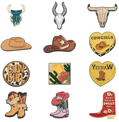 Sparkeads Lot de 12 broches en émail de cowboy vache pour chapeau botte métal décoratif pull chemise vêtements costume accessoire bijoux loisirs créatifs