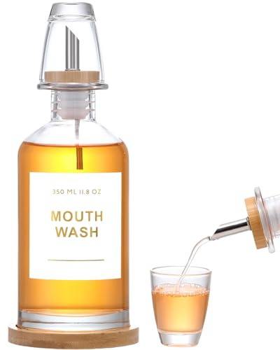 BONLONG 11.8OZ Glass Mouthwash Dispenser for Bathroom with Stainless Steel & Bamboo Nozzle, Mouthwash Cup Reusable, Bamboo Tray, and Elegant Gold Sticker.（Clear