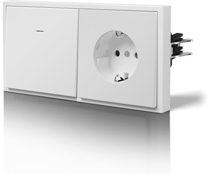 BSEED Interruptor y Enchufe,Basculante con Garfio,Botón Pulsador con Pilotitos LED,Fácil Instalación,C-Series,1 Gang 1 Vía Con Enchufe,150mm Blanco