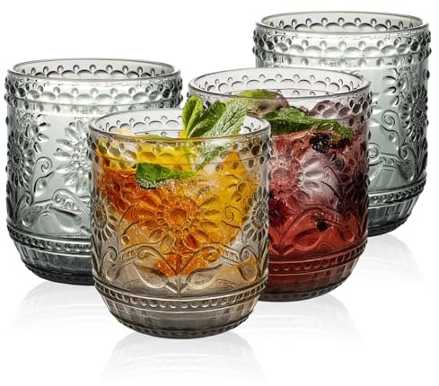 AstraLoom Drinking Glasses Set of 4, 360ml/12oz Glass Water Tumblers, Glassware Beverages Tumblers for Cocktail/Wine/Whisky/Beer/Juice, Heavy Duty Vintage Sunflower Embossed (Grey)