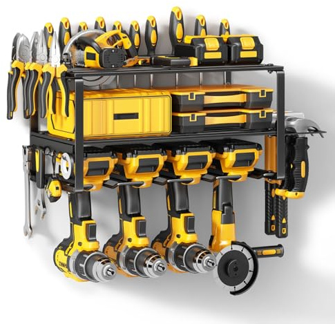 Power Tool Organizer Wall Mount - 150Lbs Load 3 Layers Storage Rack with 4 Drill Holders for Drills Cordless Tools. Heavy Duty Iron Garage Tool Organizer Storage for Workshop Shed Pegboard Basement