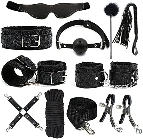 SJTJSPX Kit de Bondage Sexy,Set de Bondage B-D-S-M,Jouets Sexuels pour Couple Adultes,Accessoires Sexuels-Liens de Bondage-Anal Plug-Sm Retenue Poignet-Menottes-Masque Yeux-Sexuels Corps Toy