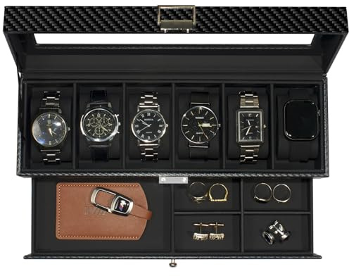 KILHS Watch Box foe Men, 6 Slots Watch Case with Glass Lid, Double Watch Holder with 1 Wrawer for Rings, Cufflinks,Black-Black