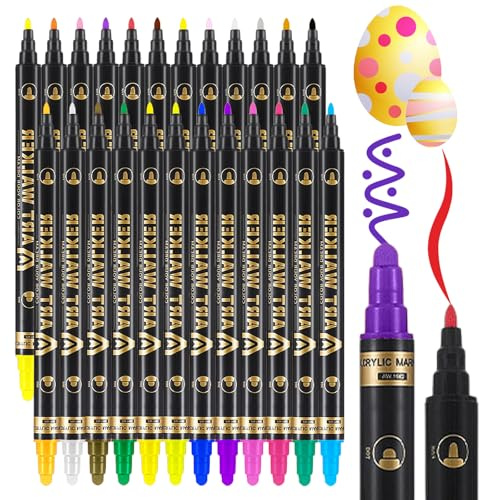 24 Colors Acrylic Paint Pens,Dual Tip Acrylic Paint Markers with Dot Tip and Fine Tip,Colouring Pens for Rock Painting,Ceramics, Glass, Wood, Canvas, DIY Crafts & Art Supplies