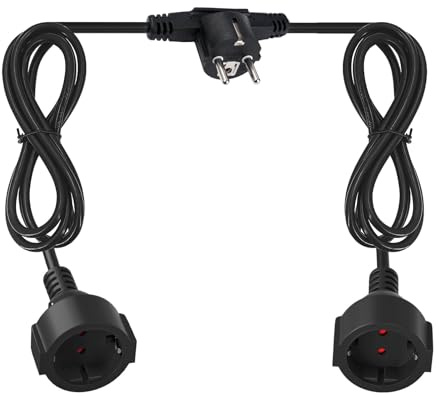 DewinLVD Doppia Presa Schuko 2M + 2M, Cavo di Prolunga con 2 Prese 250V/16A | Prolunga Elettrica Schuko Impermeabile IP20, Prolunga Doppia Presa con Cavo flessibile H05VV-F 3G 1mm², 3680 W, nero
