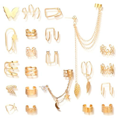 Nogeqi 22PCS Gold Cuff Earrings for Women, Adjustable Ear Cuffs for Women Non Piercing, Cartilage Gold Clip on Earrings Butterfly Star Chain Twist Helix Leaf Wrap Set