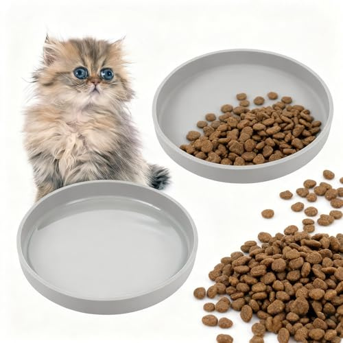 Flacher Silikon-Katzennapf, lindert Schnurrhaar, Müdigkeit, Katzen-Futternäpfe, rutschfeste Kätzchen-Schüssel für Trocken- und Nassfutter, 2 Stück, 17,8 cm breit x 2 cm hoch, 2 Stück, Grau