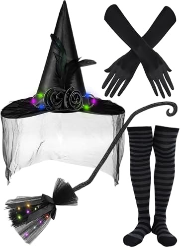 PartyforU Halloween Schwarze Hexen Set 4 Stück Faschingskostüme Karneval Kostüme Hexenhut Damen Besen Gestreifte Strümpfe Lange Socken Armwärmer für Dark Party Kostümaccessoires