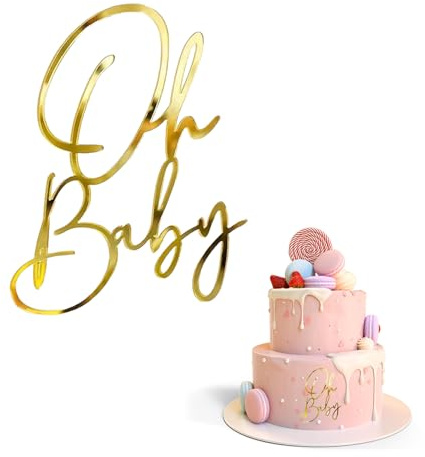Golden Acrylic Oh Baby Cake Topper for Baby Showers, Birthday Parties, and Gender Reveal Celebrations - Elegant and Reusable Decoration