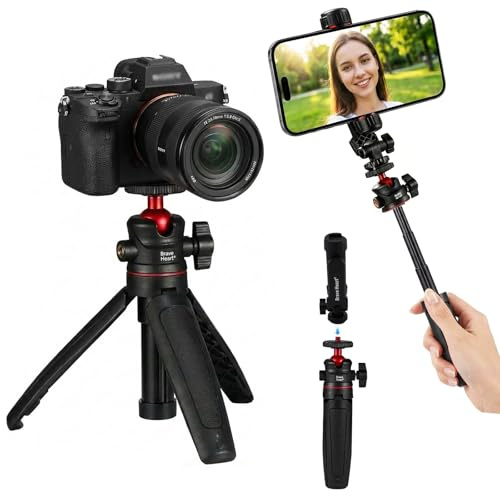 Gonymask Mini Camera Tripod & Phone Stand, Extendable Travel Vlog Tripod with 360° Ball Head & 1/4 Screw, Lightweight Tabletop Selfie Stick for Sony ZV-1/ZV-E10, Canon R50, DJI Pocket 3