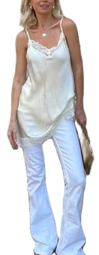 Silk Lace Trim Camisole Tops for Women Satin Asymmetrical Top Irregular Lace Patchwork Cami Tank Going Out (Lace Champagne, L)