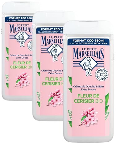 Le Petit Marseillais | Crème de Douche & Bain Extra Douce Fleur de Cerisier Bio (flacon de 650 ml) – Gel douche avec 92% d'ingrédients d'origine naturelle – pH neutre pour la peau et sans colorant