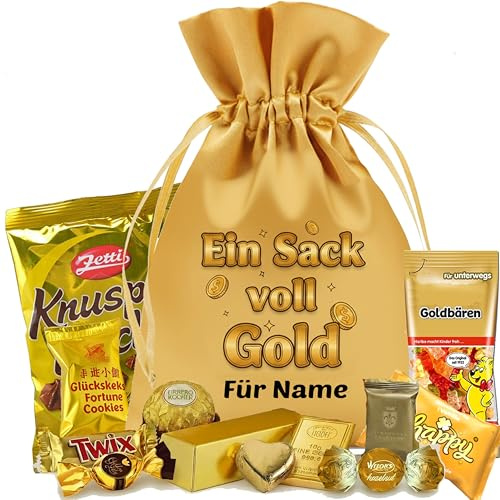 Ein Sack voll Gold – wiederverwendbarer Satin-Geschenkbeutel mit personalisiertem Aufdruck als Geld-Geschenk mit goldenen Leckereien & befüllbarem Goldbarren, Größe XL