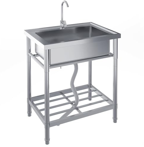 Edelstahl Spültisch, Freistehende Küchenspüle 1 Becken, 71x51x86CM Gewerbliche Spülbecken Mit Wasserhahn Kalt Und Warmwasserschläuchen, Für Waschküche Outdoorküche Gastro Geschäft Restaurant