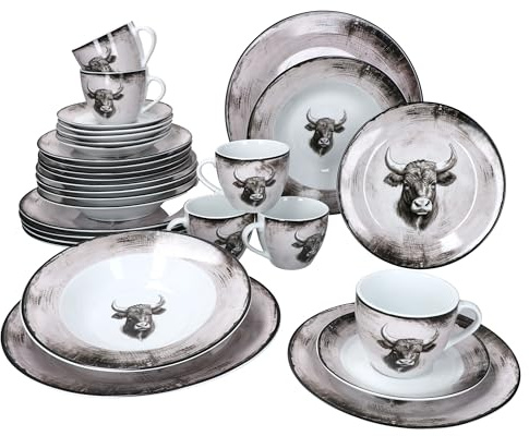 MamboCat Toro 30tlg Kombiservice I Porzellan-Geschirr mit Kuhmotiv für 6 Personen I je 6X Tassen 200 ml, Untertassen, Kuchen-, Suppen- & Speiseteller I rosa-cremefarbene Optik