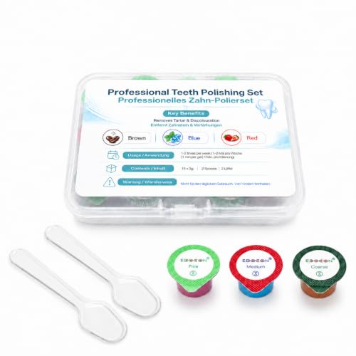 FloraVigo Lot de 15 dentifrices de polissage dentaires avec étui de rangement et cuillère - Convient pour le polissage des surfaces dentaires des adultes, pour enlever les taches