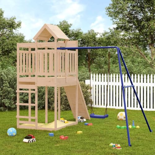 Kaloriko Torre de juego de madera de pino maciza con columpio y estructura de escalada, 238 cm de alto, incluye caja de arena, columpio nido y casa de juegos, robusto dispositivo de juego para