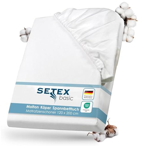 SETEX Molton Köper Matratzenschutz, 120 x 200 cm, Matratzenschoner aus 100% Baumwolle, Basic, Weiß