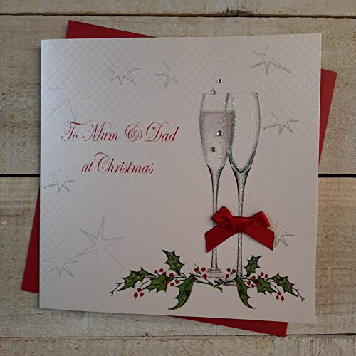 white cotton cards X53 Weihnachtskarte, englische Aufschrift to Mum and Dad ..., handgefertigt, Weiß