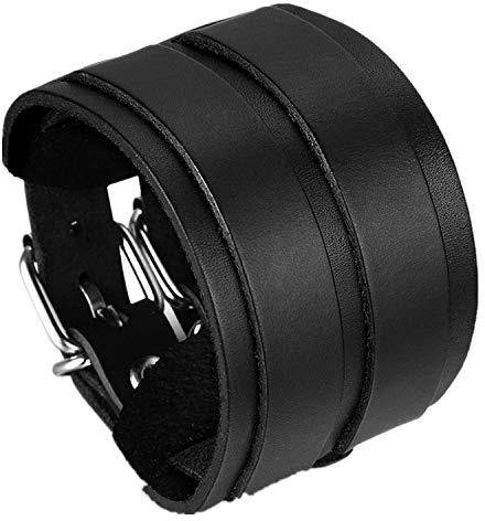 Flongo mäns cyklist legering svart läder sladd armband manschettarmband, justerbar passform 7-9 tum