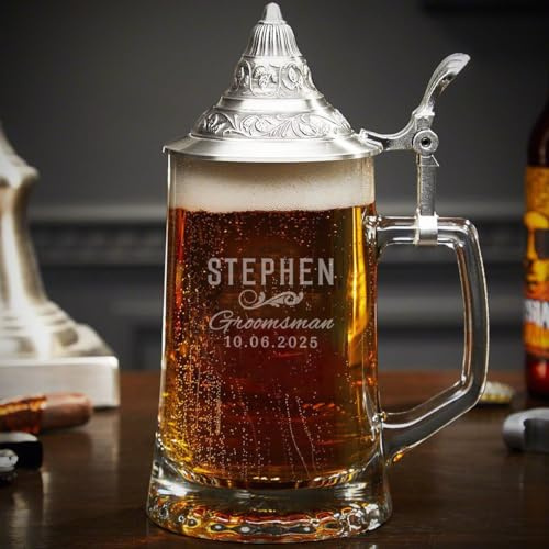 HomeWetBar Personalized Traditional German Beer Stein - Engraved Beer Stein with Lid