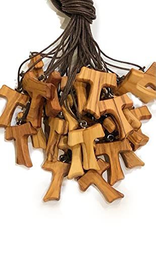 IL SOLE Tau 3 cm 20 Stück Olivenholz, Kreuz des Heiligen Franziskus von Assisi mit den 3 Franziskanerknoten mit 1 Qualitätszertifikat hergestellt in der Nähe von Assisi