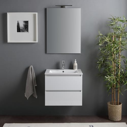 Kiamami Valentina - Mobile bagno sospeso con lavabo 60cm con cassetti bianco lucido, specchio con lampada | Benaco