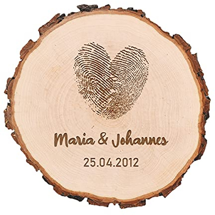 polar-effekt Holzscheibe Dekoration Hochzeit - 16-19 cm - Mit Rinde - Tischdekoration Name und Datum - unbehandeltes Holz - Geschenk für Hochzeit - Motiv Fingerabdruck