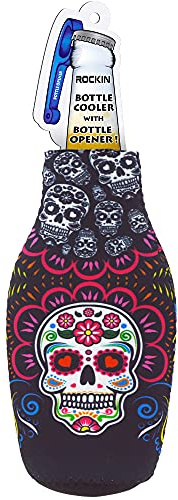 Skull Beer Bottle Cooler Sleeve Cranium Skulls Beer Holder with Bottle Opener, Fun Thermocooler Zip up Bottle Jackets Keeps Beer Cold - Classic Thick Neoprene Fit (CANDY SKULL)