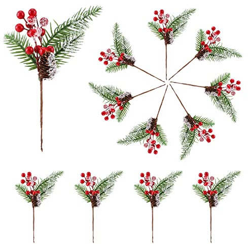 Mokyler 12 piezas de ramas artificiales de bayas de acebo para ramitas de bayas de Navidad, ramitas de pulverización de pino de simulación para árbol de Navidad, guirnalda de vacaciones y decoración