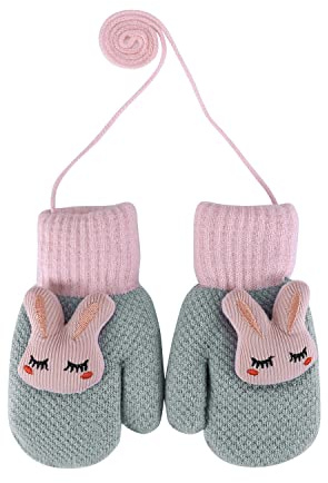 Moufle Enfant Hiver Gants Tricoté Chaud Garçon Fille 4-8 ans Gants avec Ficelle Anti-perdue Mitaines Complet Thermique Motif Lapin Mignon Gants Doublure Polaire pour Ski Neige Extérieur
