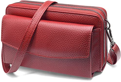 HNOOM Handytasche mit Geldbörse zum Umhängen RFID Schutz Geldbeutel Damen Handy Umhängetasche mit 18 Kartenfächer Crossbody Geldbörse Damen groß viele fächer leder Passt Handy unter 6,9 (Rot)