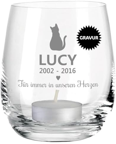 4you Design Trauerlicht Katze personalisiert mit Name & Datum – Trauer Geschenk für Katzenliebhaber – Kerze als Andenken zur Urne – Andenken an den Liebling