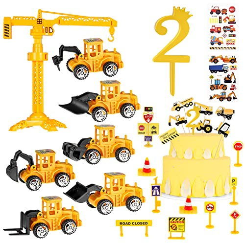 SOSPIRO 27 Pcs Construction Vehicles Cake Toppers, Mini Digger Cake Toppers for 2nd, Tractor Theme Cake Decorations with Road Sign Construction Vehicle Stickers for Birthday Anniversary Party