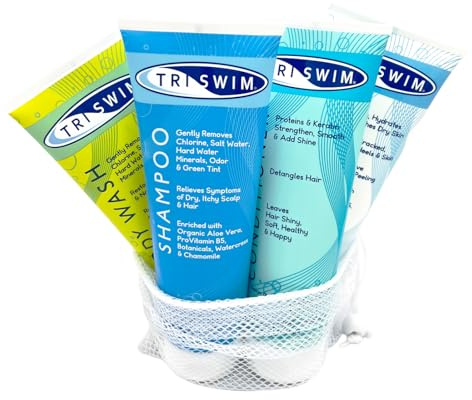 TRISWIM Gift Set Value Pack of 4 + Mesh Bag Travel Kit Swim Care Chlorine Removal Body Wash + Swimmers Shampoo + Conditioner and Lotion 8.5 fl oz for Hydrated Skin and Healthy Hair