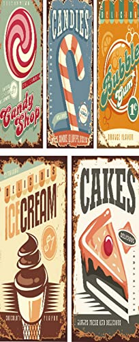 A.Monamour Türtapete Selbstklebend Türfolie Türposter 3D Vintage Candy Shop Blechschilder Mit Süßigkeiten Kuchen Eis Und Kaugummi Vinyl Folie Türdeko Tapete Wandbild Türaufkleber Türtattoo 90x200cm