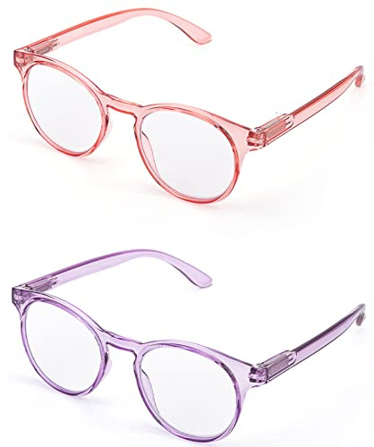 LANLANG 2er-Pack Blaulichtfilter Lesebrille für Damen mit 2 Mode farben, Anti Eyestrain Anti UV Lesebrille mit 0-3,5 Dioptrien Transparente Rosa/Transparente Lila Runde rahmen