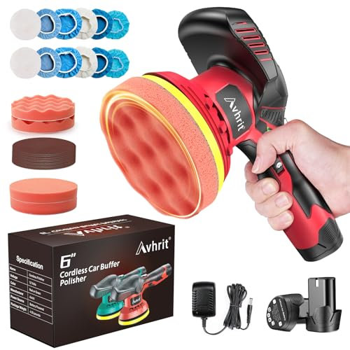 Avhrit Lucidatrice Auto a Batteria, LCP02 6 Pollici Lucidatrice Auto 12V 5000RPM con 2 Batterie 2,0Ah 6 Velocità Variabili, Kit Lucidatura Orbitale 8mm con Istruzioni in Italiano