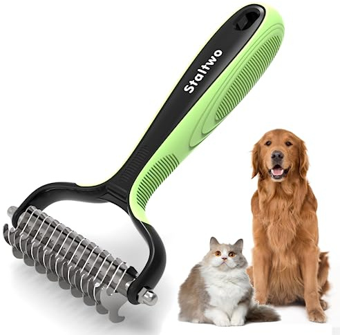 STALTWO Pet Grooming Supplies - 2-in-1 Professional Undercoat Rake and Pet Brush | Shedding Control for Long Haired Dogs and Cats, Deshedding Tool, Furminator for Dogs, Green