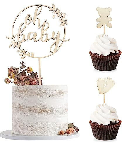 BURGEON Oh Baby Cake Topper Holz, Oh Baby Kuchen Topper, Kuchenstecker Kuchendeko Tortendeko für Babyparty Baby Shower Gender Reveal Partydeko