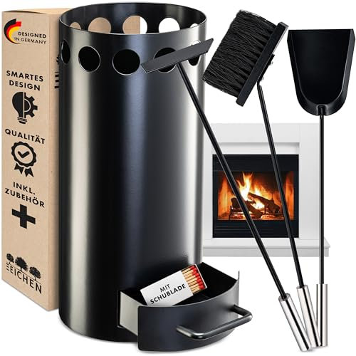 Drei Eichen - Set da camino nero con cassetto. Set da 3 pezzi con gancio, pala per cenere e scopa per camino. Design moderno. Posate da forno con accessori per stufa. Accessori per stufa.