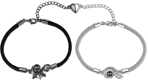 lorajewel Partnerarmbänder mit Namen Gravur Foto Projektion Armband Magnetische Paar Armbänd Personalisiertes Pärchen Armband Freundschaftsarmband Leder Edelstahl Geschenk