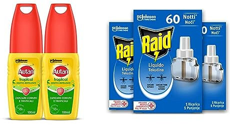 Autan Tropical Vapo Bipacco, Insetto Repellente e Antizanzare, 2 Confezioni da 100ml & Raid Liquido Elettrico tripla ricarica, contro Zanzare Tigre e Zanzare Comuni 3 Confezioni da 36 ml