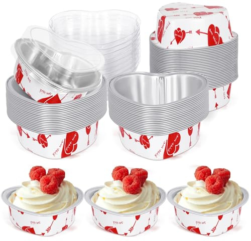 Ziliny 100 Sets Heart Shaped Cake Pans with Lids Valentine's Mini Aluminum Foil Cake Pans 100 Ml/ 3.4 oz Cupcake Cup Flan Baking Cups Liners Muffin Tins for Xmas Wedding Birthday Party(Pink)
