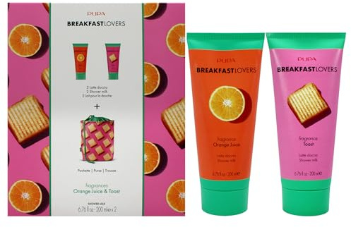 Pupa Milano Frühstücksliebhaber-Set, Orangensaft und Toast, 3-teiliges Geschenkset – Duschmilch – Körperwäsche – Körperseife – feuchtigkeitsspendende Körperwäsche – Hautpflege-Set