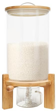 panfudongk Distributeur de riz, de céréales, de nourriture pour chat, 7,5 l, en verre et bois de bambou, moderne, conteneur de stockage alimentaire, Diamètre : 20 cm, hauteur : 45 cm