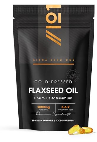 Flaxseed Oil 2000mg – 90 Vegan Softgels – Cold-Pressed with Omega 3-6-9 – Pure & Potent Linum Usitatissimum - Resealable and Recyclable Pouch by Alpha01