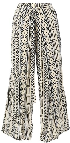 GURU SHOP Palazzohose mit African Print, Offene Boho Sommerhose, Hosenrock - Beige/schwarz, Damen, Size:L