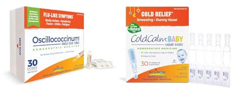 Boiron Oscillococcinum for Relief from Flu-Like Symptoms of Body Aches, Headache, Fever, Chills & ColdCalm Baby Single-Use Drops for Relief from Cold Symptoms of Sneezing, Runny Nose
